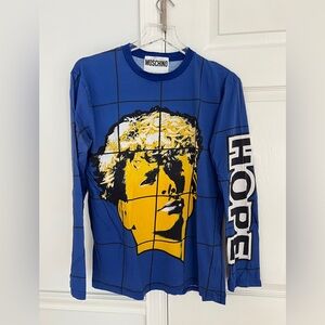 Moschino Couture Face Hope art tee shirt blue yellow crew neck long sleeve Sz 36